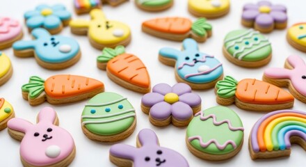 Happy easter cookies decorated with colorful easter eggs bunny carrots and flowers
