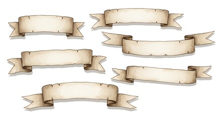 Set of six vintage, parchment-style banners with varied shapes and realistic textures