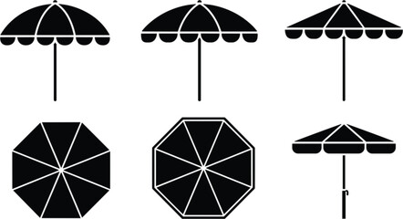 Set of beach and patio umbrella vector silhouettes featuring front view side view and top-down perspectives for summer leisure and outdoor cafe design. © NR