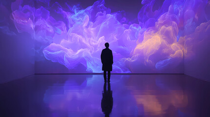 Obraz premium Abstract visualization of a person interacting with a cosmic violet data wall, Generative AI illustrations.