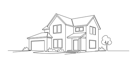 Modern house in line art drawing style. Contemporary building architectural model black linear design isolated on white background. Vector illustration Editable stroke © Vasyl Yurlov