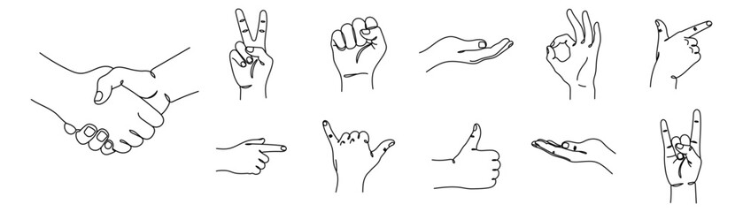 Obraz premium Hands gestures collection, continuous one line drawing mega set Editable stroke