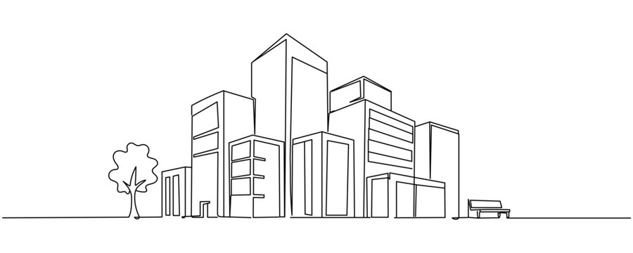 A single continuous line drawing depicting a modest, minimalist city silhouette. Concept of isolated minimalism in real estate. Dynamic single-line graphic design, vector illustration on a white backg