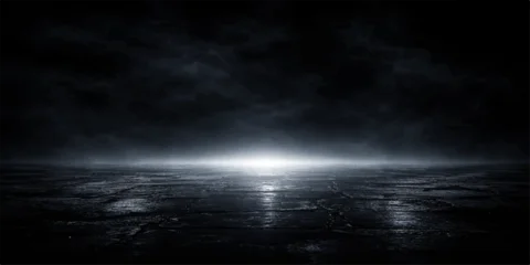 Fototapeten Schwarz A mysterious dark landscape featuring a glowing horizon line under a dramatic stormy night sky  © Nipa