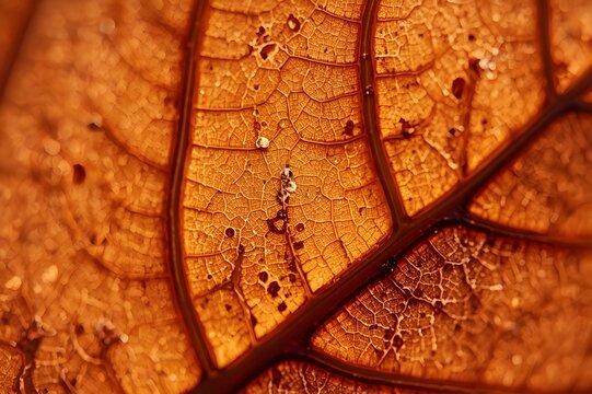 Macro close up of dry orange leaf with detailed vein pattern
