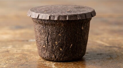 Fototapeta premium Biodegradable seed starting pot made from natural fiber material on a rustic wooden table, promoting eco-friendly gardening and sustainability.