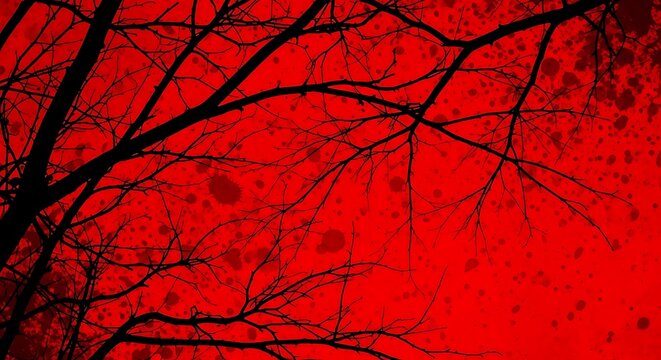 Silhouette tree branches against a vibrant red backdrop with scattered textured blood-like patterns