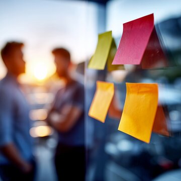 Brainstorming session in modern office with sticky notes and creative team