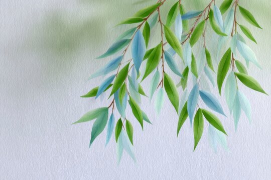 willow branches hanging down, their leaves painted in shades of green and blue
