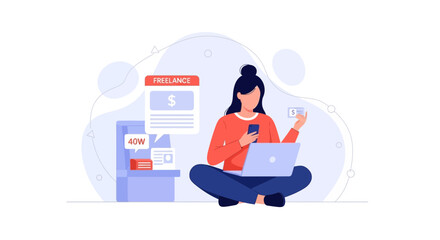 Freelancer working remotely with laptop and phone, online income concept