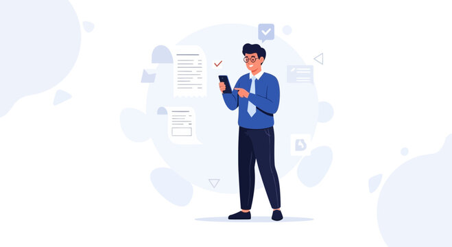 Man checking smartphone with documents and checkmarks, business concept illustration