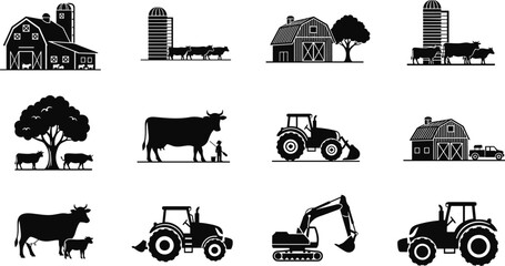Farm agriculture silhouette icon set, barn cow cattle tractor excavator rural farming equipment, black farm vector illustration collection isolated countryside elements © MstSanoara