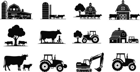 Farm agriculture silhouette icon set, barn tractor cow livestock farming equipment, rural landscape vector collection, isolated black farm elements illustration countryside harvest © MstSanoara