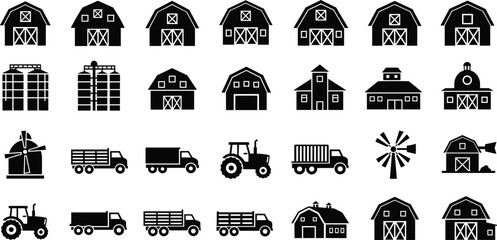 Farm buildings and agricultural vehicles icons vector set, barns silos tractors trucks and windmill rural farming symbols collection © MstSanoara