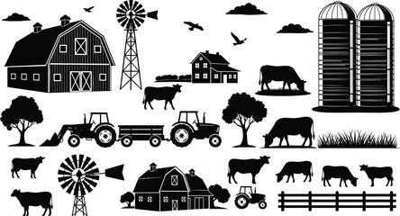Farm countryside agriculture vector icon set, barn windmill tractor cows silo rural landscape livestock farming elements illustration collection © MstSanoara
