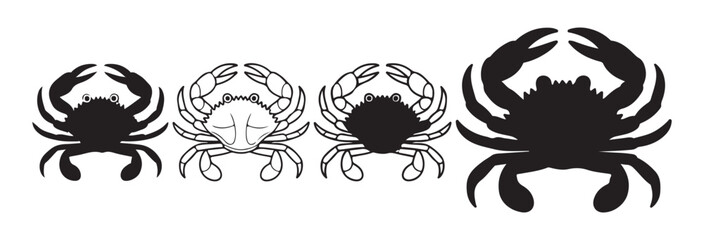 Four different crab illustrations in black silhouette and outline styles on white background vector © Farik