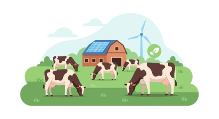 Obraz premium Sustainable Dairy Farm: Grazing Cows, Solar Panels, and Wind Turbine for Eco-Friendly Livestock Production