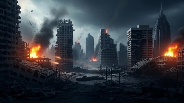 A dark, post-apocalyptic cityscape with destroyed buildings on fire and smoke-filled skies