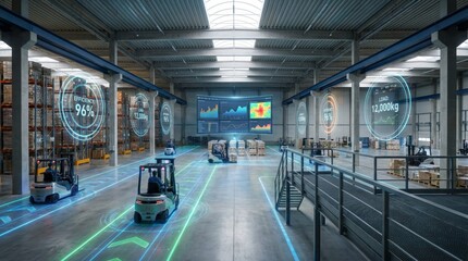 Fototapeta premium Automated forklifts navigate a modern warehouse with digital data overlays.