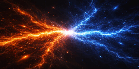 A dramatic cosmic collision of vibrant orange fire and electric blue lightning in deep dark space © Nipa