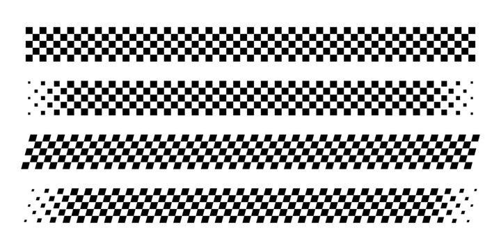 Race flag checker lines set, rally border texture, black and white finish ribbon, car race track grid pattern