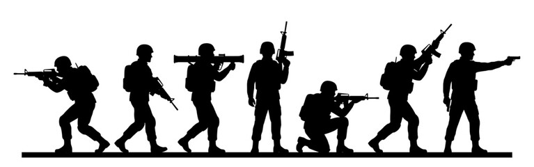 Obraz premium Soldier silhouette set with rifle and weapon in combat