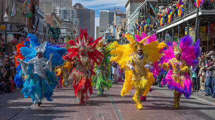 Naklejka premium Vibrant carnival dancers in colorful costumes performing on a city street during a festive parade event with spectators