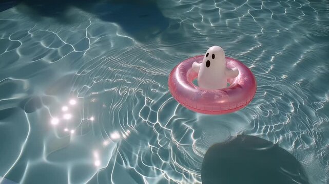 Cute ghost inflatable on pink ring floating in sparkling swimming pool water