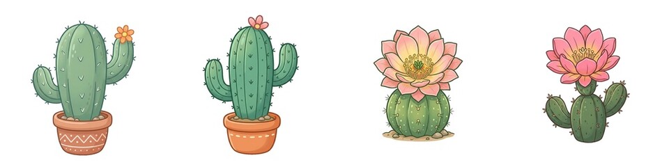 Illustration of Various Flowering Cacti in Pots