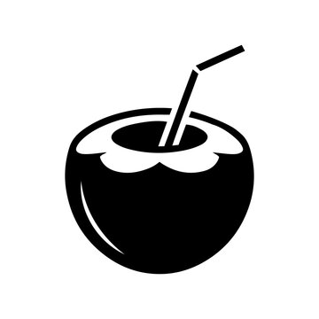 Silhouette of a tropical coconut water drink with straw on transparent background.