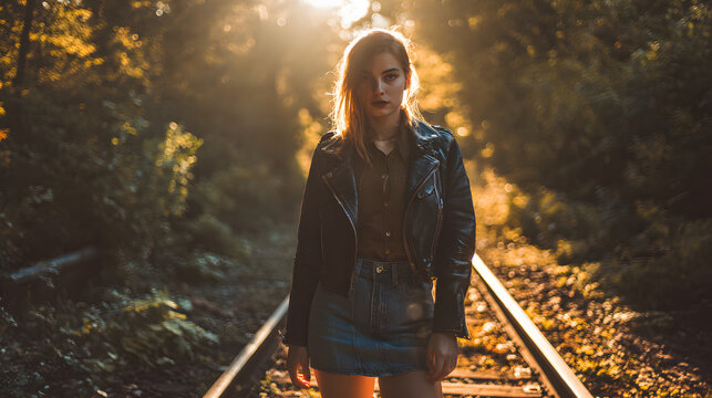 Woman in leather jacket on railway