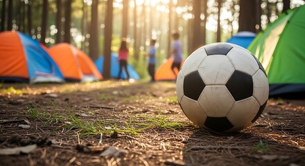 Naklejka premium Soccer ball in focus, camping family in background, forest setting, warm sunlight