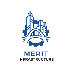 Fototapeta premium City Buildings and Bridge with Gear Logo for Infrastructure, Isolated White Background.