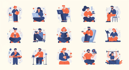 Fototapeta premium Diverse individuals engaged in various activities like reading, working, and leisure