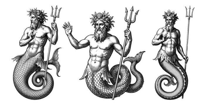Ancient Greek Triton merman set in engraving style