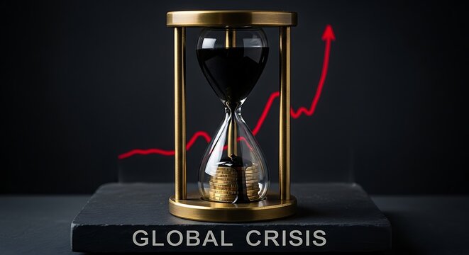 Hourglass filled with black oil and gold coins sitting on global crisis base with red graph