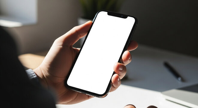 Male hand gripping smartphone with a blank white screen mockup on a blurred modern desk background. First-person view.