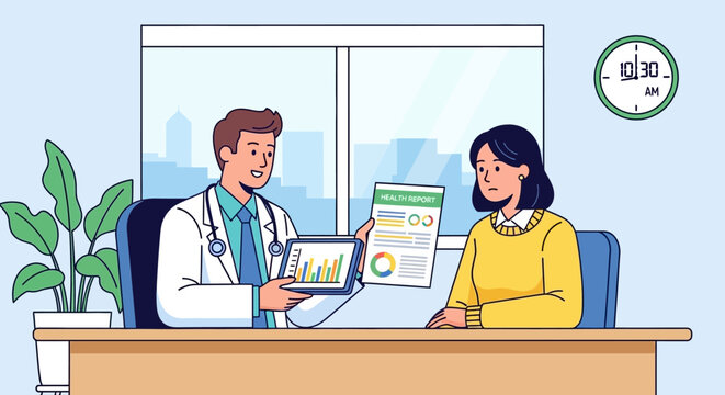 doctor and patient discussing health data on tablet in clinic