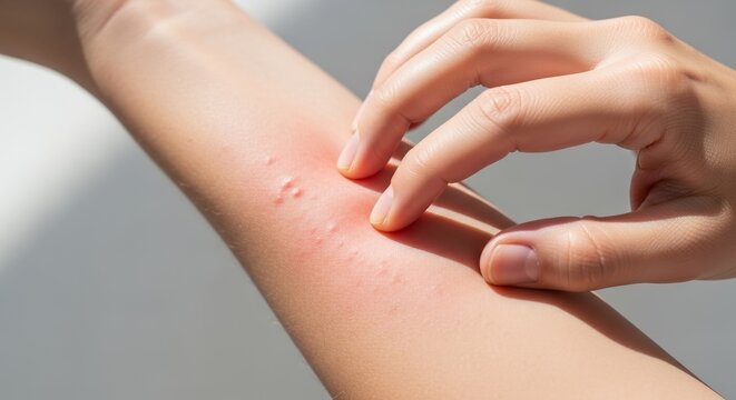 Itchy rash on forearm being scratched by a human hand. Dermatological symptom depiction for allergy treatment advertisements, skin disease awareness or medical clinic blogs 