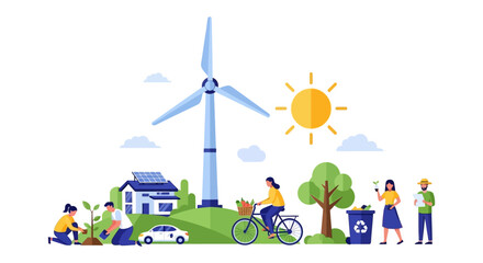 Fototapeta premium Eco-Friendly Sustainable Living: Green Energy, Renewable Resources, Environmental Protection. People Plant Trees, Cycle, Recycle.
