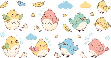 Cute Baby Bird Hatching from Egg Cartoon Illustration Set with Pastel Chicks, Feathers, Clouds and Stars for Kids Nursery and Spring Designs © Abdul