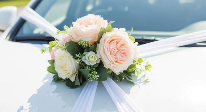 Wedding car decoration featuring pink roses and white ribbons. This image can be used for event planning services, transport rental websites, florist portfolios or marriage blogs.
