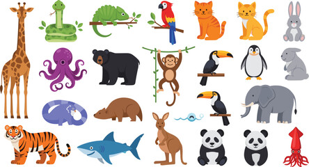 Wild animals collection including giraffe tiger panda elephant shark octopus monkey penguin toucan and kangaroo vector illustration set © EdGe Creative