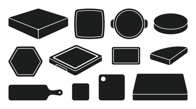 A set of twelve black silhouette icons representing various kitchen boards and containers is displayed on a plain white background.