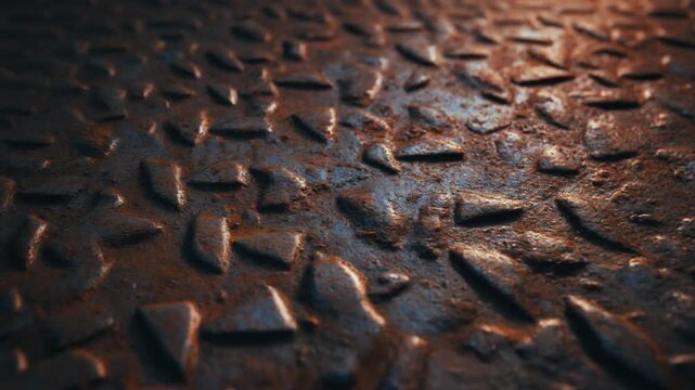 Iron metal rough texture, slow tilt motion, cinematic shadows, 4K