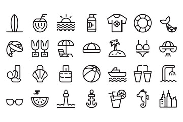 Tropical Summer and Beach Holiday Line Icon Set © MD