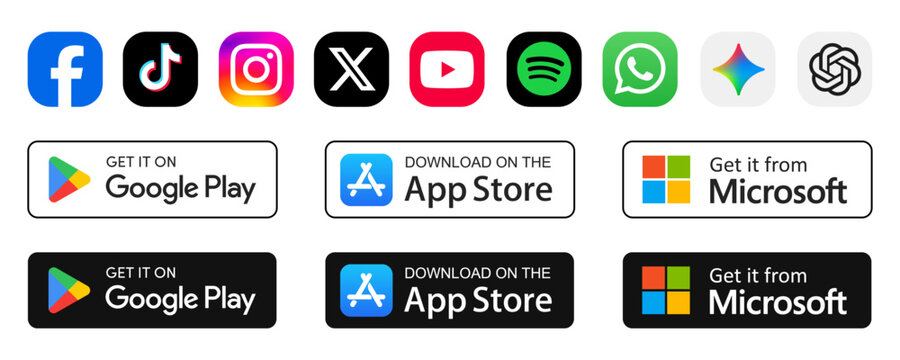 Social media icon logo set, Instagram, X, facebook, tiktok, youtube. Google Play, App Store and Microsoft Store download App buttons, AI platform