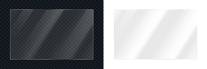 Plakat Realistic transparent shiny glossy glass panel with light glare reflective surface effect overlay, shiny transparent plastic panel, clear plastic sheets with reflection on transparent and white backgr