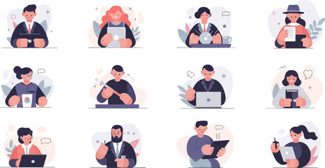 Fototapeta premium Diverse cartoon professionals engage in daily office tasks, holding gadgets, documents, and drinks