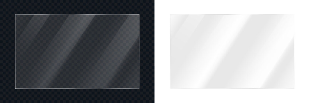 Realistic transparent shiny glossy glass panel with light glare reflective surface effect overlay, shiny transparent plastic panel, clear plastic sheets with reflection on transparent and white backgr